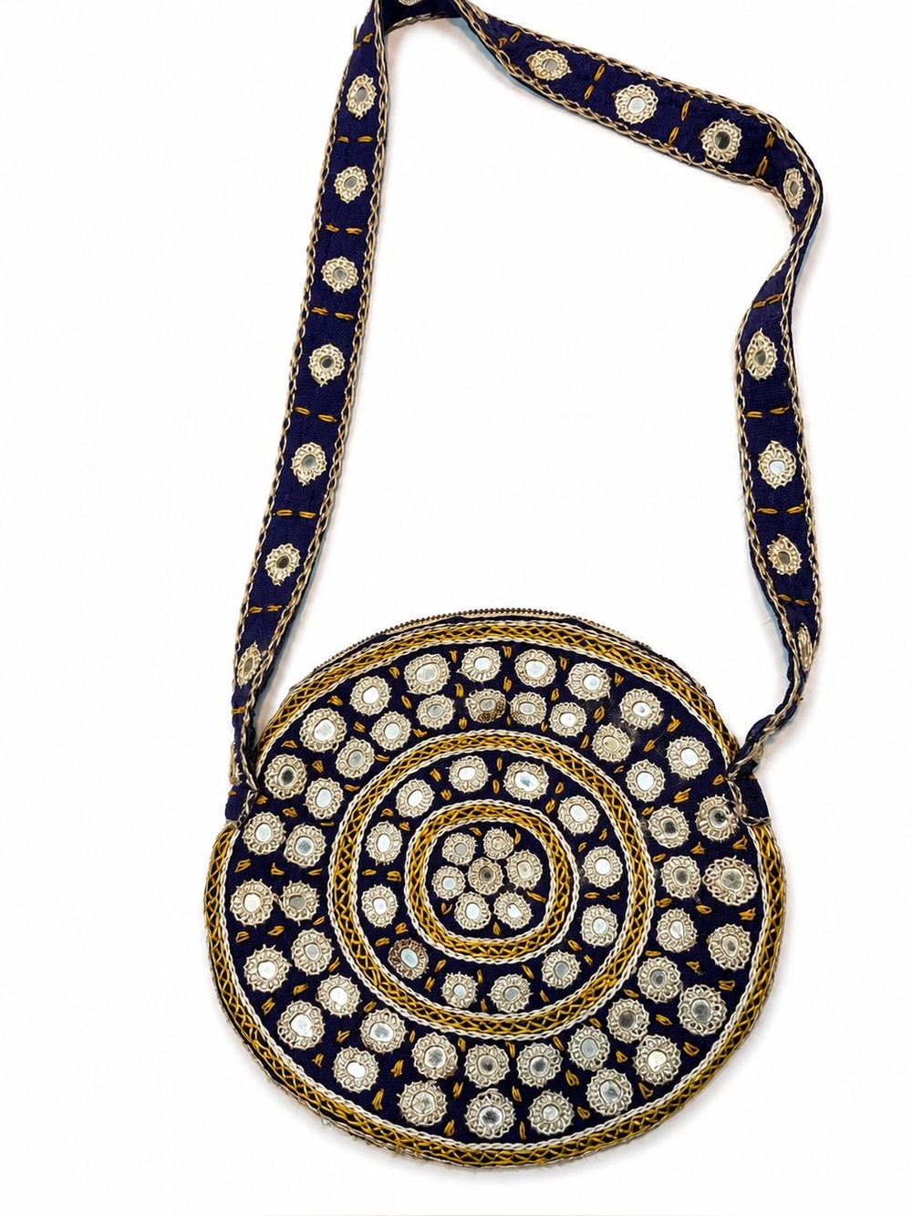 Indian bohemian shoulder bag features intricate mirror work embroidery